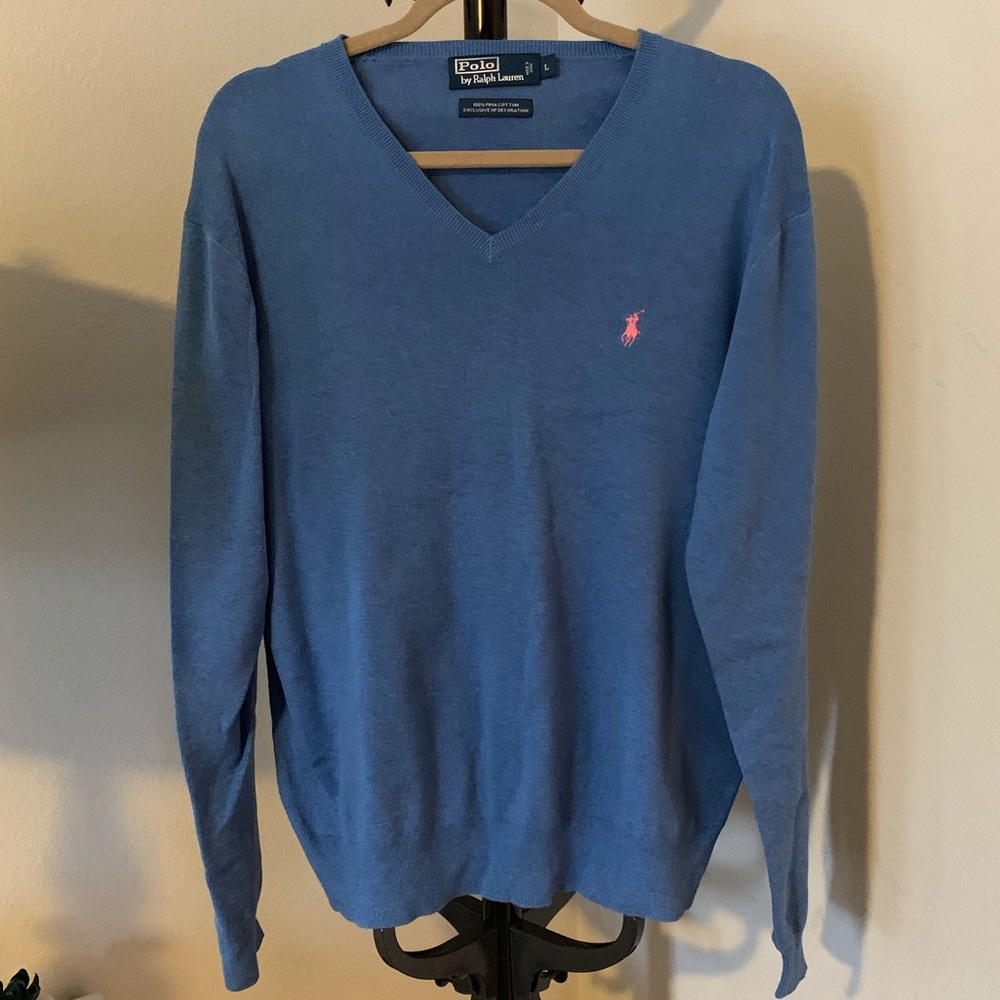 Ralph Lauren V Neck Cotton Sweater - Light Blue